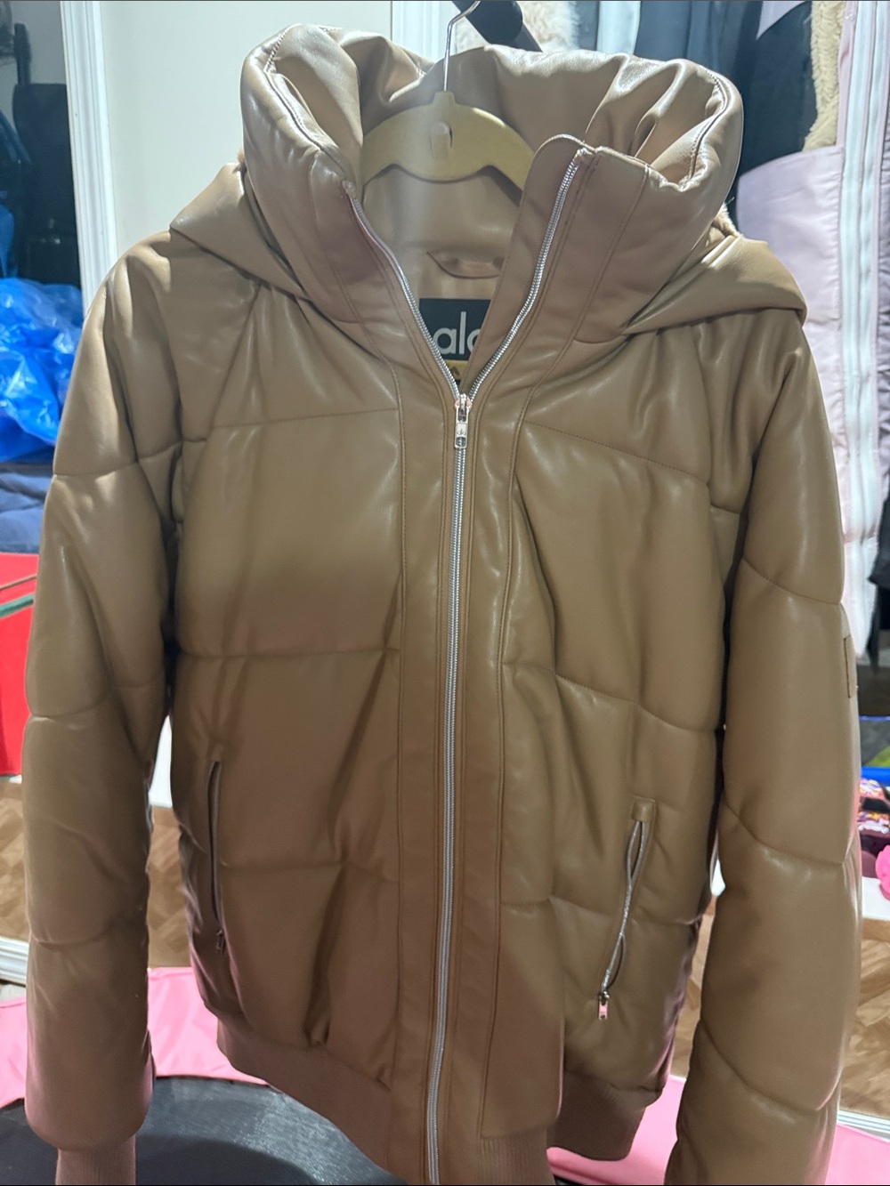 ALO Yoga Tan Faux-Leather Puffer Jacket with High Collar